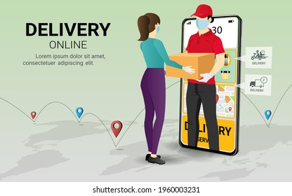 Delivery courier man holding Parcel Box on mobile phone with woman . Fast online delivery service. online order. Internet e-commerce. Concept for website or banner . 3D Perspective Vector illustration