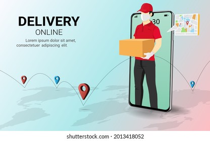 Delivery courier man holding Parcel Box on mobile phone. Fast online delivery service. online order. Internet e-commerce. Concept for website or banner . 3D Perspective Vector illustration