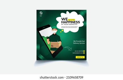 Delivery courier man holding parcel box with mobile phone, Fast online delivery service, Vector illustration