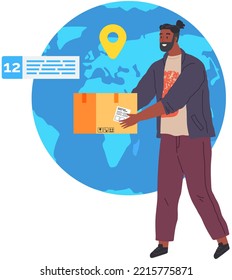Un mensajero de entrega sostiene una caja de paquetes con mercadería para el comprador del cliente. Servicio de entrega rápida en línea. Pedido en línea. Comercio electrónico por Internet. Concepto de sitio web o banner. Entrega de compras en todo el mundo