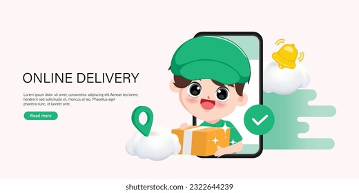 Un mensajero de reparto sostiene Parcel Box en el teléfono móvil. Servicio de entrega rápida en línea. pedido en línea. Comercio electrónico por Internet. Concepto de sitio web o banner