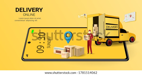 Delivery courier man holding Parcel Box on\
mobile phone. Online delivery service. Logistics and Delivery.\
concept of web page design for website or banner . 3D Perspective\
Vector illustration