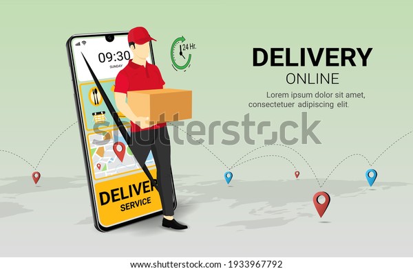 Delivery courier man holding Parcel Box with\
mobile phone. Fast online delivery service. Online order. Internet\
e-commerce. concept for website or banner. 3D Perspective Vector\
illustration