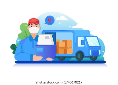 Delivery courier man with medical protective mask on his face holding package with delivery truck.