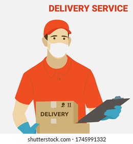 Delivery courier man with medical protective mask on his face holding package. Delivery during quarantine time. Vector illustration.