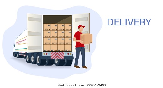 Delivery courier man with medical protective mask on his face holding package with delivery truck on background. Business service concept. Delivery during quarantine time.