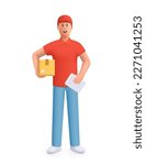 Delivery courier man in red uniform holding package box. Safe delivery of goods concept. 3d vector people character illustration. Cartoon minimal style.
