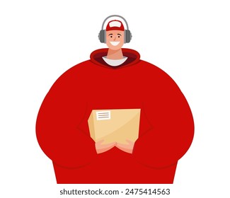 Lieferung Kurier Mann in roter Uniform mit Karton. Sicheres Lieferkonzept.