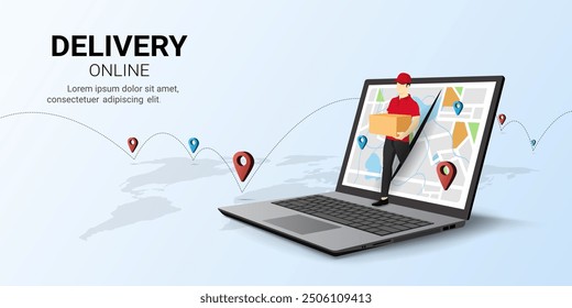 Delivery courier man in red uniform holding Parcel Box come out of the laptop. Shopping online, Fast online delivery service, Online order, delivery package, Pin location. 3D Vector illustration