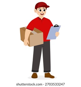 Lieferkurier Mann in roter Uniform, die Pappschachtel hält. Konzept der sicheren Lieferung von Waren. Lieferung Mann Paketkästen an Empfänger nach Hause. Lieferservice-Konzept