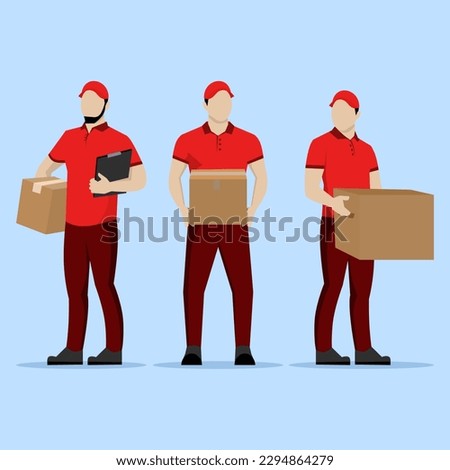 Delivery courier man in red uniform holding package box. Safe delivery of goods concept. vector people character illustration. Cartoon minimal style.