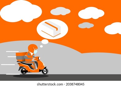 Delivery courier man delivery Rider. The Courier Brought The Parcel By Motorcycle. Delivery man and track. Flat design modern vector illustration concept.