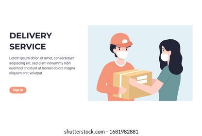 Delivery courier in medical face mask and woman customer. Concept for banner, poster, layout, website. Flat modern vector illustration.