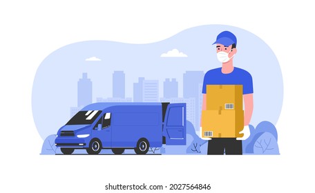 Delivery courier in a medical mask hands over boxes unloaded from cargo van. Vector illustration.