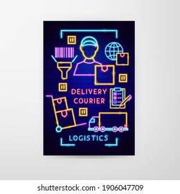 Delivery Courier Neon Flyer. Vector Illustration of Logistics Promotion.