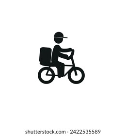  A delivery courier on a bicycle. The icon of a man on a bicycle with a box on the trunk, delivery of hot food, pizza, parcels. The concept of a delivery service. A food delivery boy.