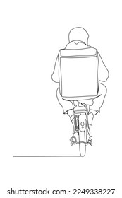 Delivery courier on motor bicycle running away. Back view. Vector illustration in line art style.