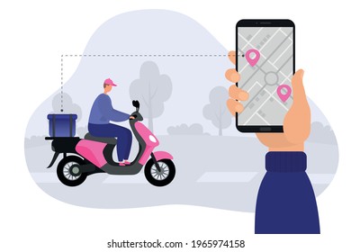 Delivery, a courier on a motorcycle. Hand with phone, route