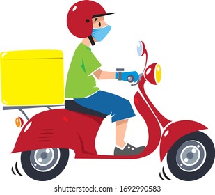 Delivery courier on scooter in protective mask and gloves