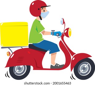 Correo de entrega en moto con máscara protectora y guantes