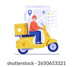 A delivery courier on a yellow scooter with a package box. The rider follows a digital route on a GPS map. Illustration concept of fast delivery, smart logistics, and on-time shipping service