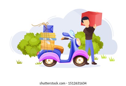 Delivery courier order box on scooter. Order transportation male courier. Post delivery letters, parcels on motorcycle. Fast machine transport vector cartoon illustration