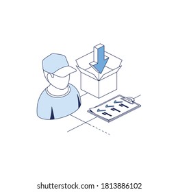 Delivery Courier packing list. Vector 3d line isometric, color web icons set, new flat style. Creative illustration, idea for infographics.