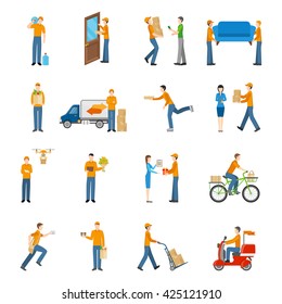 Delivery courier people delivering goods by different types of transport icons set on white background flat isolated vector illustration