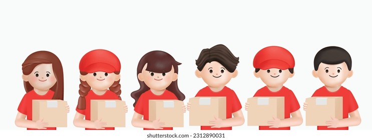 Delivery courier people in red uniform with parcel box. Safe delivery of goods concept. concept. 3d vector people character Cartoon minimal style.