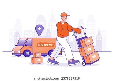Delivery courier pushing trolley with cardboard boxes. Courier standing in front of delivery van. Transport and people. male worker loads boxes in truck. Vector flat design illustration.