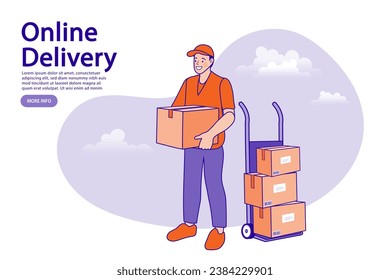 Corredor de entrega empujando el carro con cajas de cartón. Transporte y gente. el trabajador masculino carga cajas. Concepto de comercio electrónico. Compras en línea. Ilustración de diseño plana vectorial.