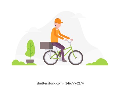 Delivery courier riding bicycle vector flat illustration