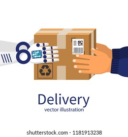 Delivery courier. Robot give the cardboard box to the person. Delivery future. Vector illustration flat design. Modern technology. Isolated on background.
