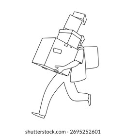Lieferkurier mit Boxen schwarz weiß Linie Illustration. Vektorgrafik