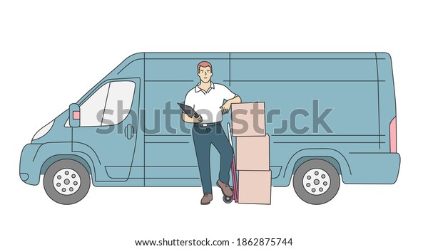 Delivery, courier service concept.\
Delivery courier man holding package with delivery\
truck.