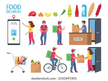 Delivery courier service flat big set of isolated smartphone app with food delivery icons and people vector illustration