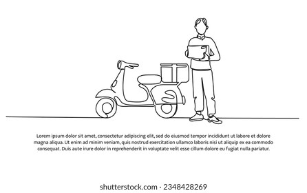 Servicio de mensajería de entrega de un diseño de línea continua. Un hombre sostiene un paquete junto a una moto. Elementos decorativos dibujados sobre un fondo blanco.