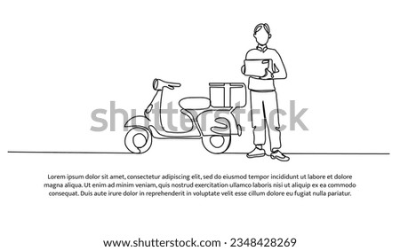 Delivery courier service one continuous line design. A man holding package next to motorbike. Decorative elements drawn on a white background.