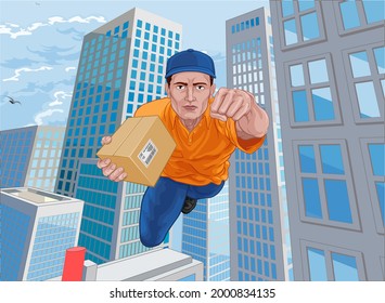 Delivery courier superhero essential worker flying comic book super hero delivering a package.