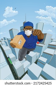 Delivery Courier Superhero Essential Worker Flying Comic Book Super Hero Delivering A Package. Wearing Mask PPE