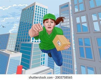 Delivery courier superhero woman essential worker flying comic book super hero delivering a package.