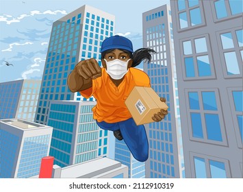 Delivery Courier Superhero Woman Essential Worker Flying Comic Book Super Hero Delivering A Package. Wearing Mask PPE