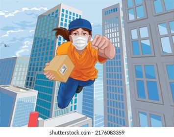 Delivery courier superhero woman essential worker flying comic book super hero delivering a package. Wearing mask PPE