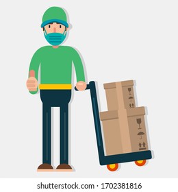 delivery courier using mask with cardboard box vector illustration in flat style