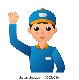 Delivery courier wearing in blue uniform with a raised arm waving hello. 