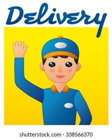 Delivery courier wearing in blue uniform on a yellow background. 