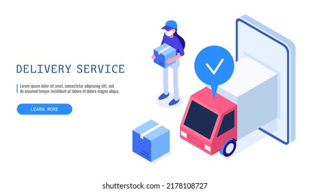 Delivery courier woman holding parcel box. Delivery Service concept. Web banner. Vector illustration.
