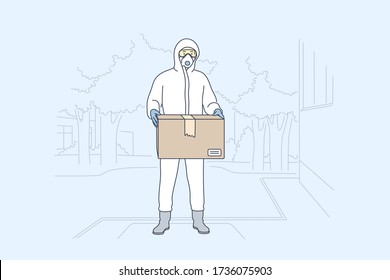 Delivery, covid19 quarantine, coronavirus, infection concept. Young man or boy supplier witn medical face mask and goggles standing with mail box package. Home food delivery on 2019 ncov lockdown.