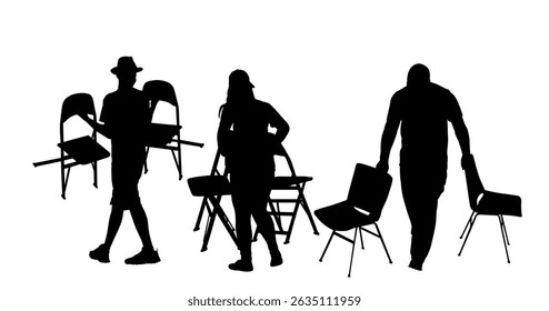 Delivery crew man service moving transport worker carrying chairs vector silhouette illustration isolated. Handyman job distribution and procurement. Boy carry chair moving after party event. Move in.