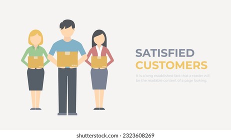 Delivery for customers. Characters with parcels in hands. Satisfied happy customers with orders. Logistics service vector concept. 